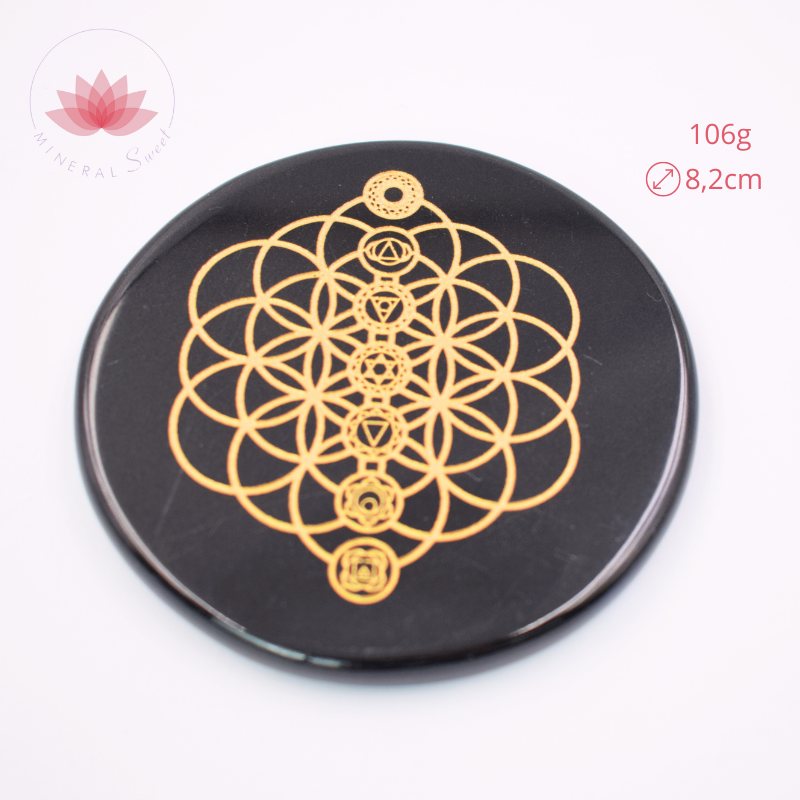 Obsidienne noire gravée 7 chakkras doré - MineralSweet